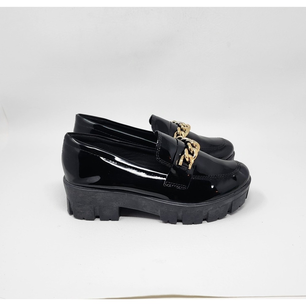 Macerata Women Loafer Sz 6 Black Patent Leather Lug Sole Platform Chain Accent